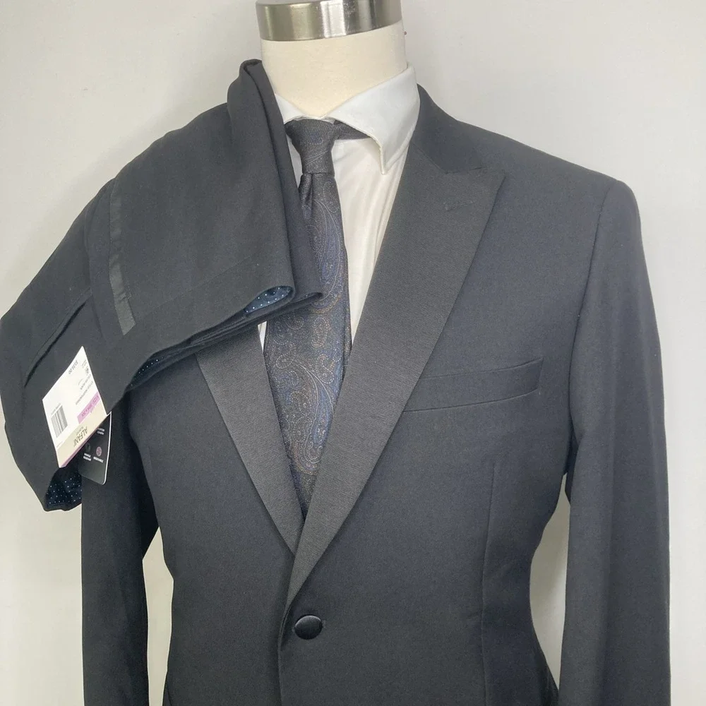 Alfani Mens Slim fit 2-pc Tuxedo Suit Jacket 42R Black Solid Pants 38W 30L